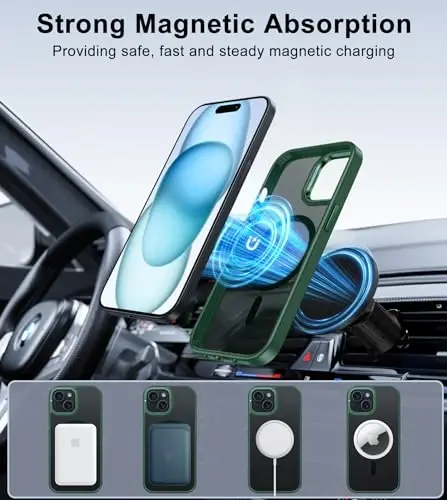 FNTCASE for iPhone 15 Phone Case: Strong Magnetic Slim Matte Protective Case with Kickstand | Shockproof Drop Full Protection Anti-Fingerprint Thin Translucent Frosted Cover(Green) - 5