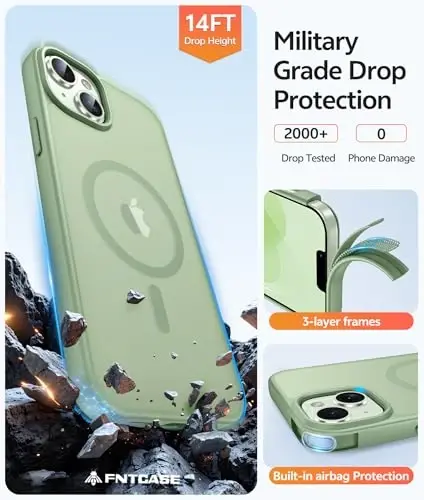 FNTCASE for iPhone 15 Plus Case: for iPhone 14 Plus Case [Compatible with Magsafe] Translucent Matte Cases with [Screen Protector] Military Grade Shockproof Protective Phone Cover - Light Moss - 5