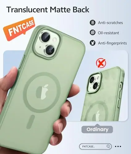 FNTCASE for iPhone 15 Plus Case: for iPhone 14 Plus Case [Compatible with Magsafe] Translucent Matte Cases with [Screen Protector] Military Grade Shockproof Protective Phone Cover - Light Moss - 6