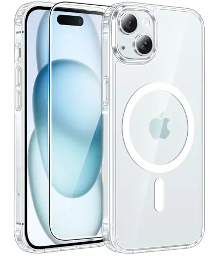 FNTCASE for iPhone 15 Plus Case: for iPhone 14 Plus Case [Magsafe bilan mos keladi] [Ekran himoyachisi] Sararmaga qarshi shaffof magnit telefon g‘ilofi - Harbiy darajadagi zarbaga chidamli g‘iloflar - Shaffof 