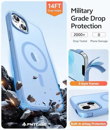 FNTCASE for iPhone 15 Plus Case: for iPhone 14 Plus Case Translucent Matte Military Grade Protective Phone Cover - Slim Anti-Slip Durable Shockproof Drop Protection Cases - Light Blue - 5