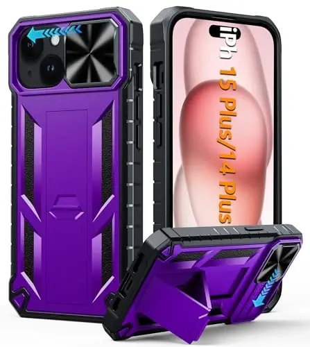 FNTCASE for iPhone 15 Plus Case iPhone 14 Plus Case with Kickstand & Slide | Military Grade Dropproof Protection, Heavy Duty Rugged Cell Cover, Bumper, Purple - 1