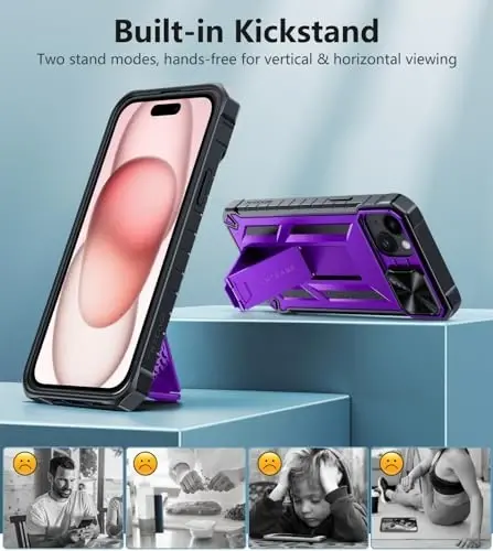 FNTCASE for iPhone 15 Plus Case iPhone 14 Plus Case with Kickstand & Slide | Military Grade Dropproof Protection, Heavy Duty Rugged Cell Cover, Bumper, Purple - 4