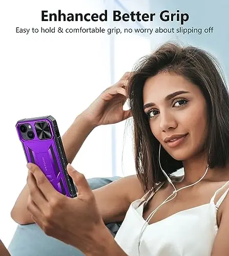 FNTCASE for iPhone 15 Plus Case iPhone 14 Plus Case with Kickstand & Slide | Military Grade Dropproof Protection, Heavy Duty Rugged Cell Cover, Bumper, Purple - 5