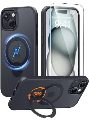 FNTCASE for iPhone 15 Plus Case: iPhone 14 Plus Phone Case [360 Spin Magnetic Stand] [Compatible with Magsafe] [Screen Protector] Translucent Matte Military Grade Shockproof Phone Cover - Black - 1