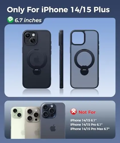 FNTCASE for iPhone 15 Plus Case: iPhone 14 Plus Phone Case [360 Spin Magnetic Stand] [Compatible with Magsafe] [Screen Protector] Translucent Matte Military Grade Shockproof Phone Cover - Black - 2
