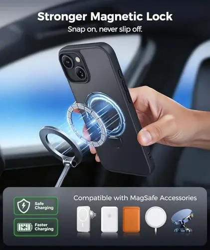 FNTCASE for iPhone 15 Plus Case: iPhone 14 Plus Phone Case [360 Spin Magnetic Stand] [Compatible with Magsafe] [Screen Protector] Translucent Matte Military Grade Shockproof Phone Cover - Black - 5