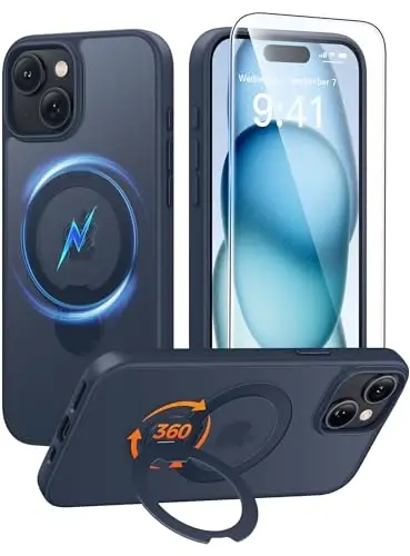 FNTCASE for iPhone 15 Plus Case: iPhone 14 Plus Phone Case [360 Spin Magnetic Stand] [Compatible with Magsafe] [Screen Protector] Translucent Matte Military Grade Shockproof Phone Cover - Deep Blue - 1