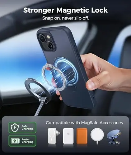 FNTCASE for iPhone 15 Plus Case: iPhone 14 Plus Phone Case [360 Spin Magnetic Stand] [Compatible with Magsafe] [Screen Protector] Translucent Matte Military Grade Shockproof Phone Cover - Deep Blue - 5