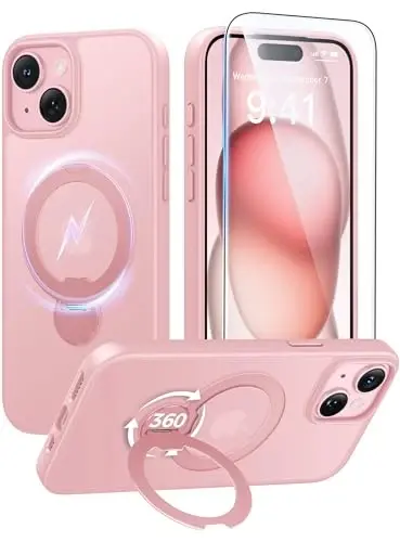 FNTCASE for iPhone 15 Plus Case: iPhone 14 Plus Phone Case [360 Spin Magnetic Stand] [Compatible with Magsafe] [Screen Protector] Translucent Matte Military Grade Shockproof Phone Cover - Pink 