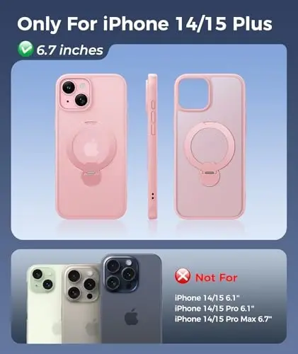 FNTCASE for iPhone 15 Plus Case: iPhone 14 Plus Phone Case [360 Spin Magnetic Stand] [Compatible with Magsafe] [Screen Protector] Translucent Matte Military Grade Shockproof Phone Cover - Pink - 2