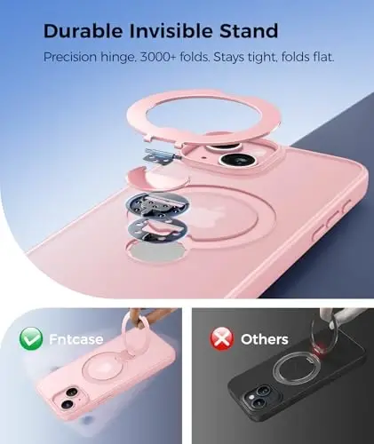 FNTCASE for iPhone 15 Plus Case: iPhone 14 Plus Phone Case [360 Spin Magnetic Stand] [Compatible with Magsafe] [Screen Protector] Translucent Matte Military Grade Shockproof Phone Cover - Pink - 3
