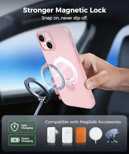 FNTCASE for iPhone 15 Plus Case: iPhone 14 Plus Phone Case [360 Spin Magnetic Stand] [Compatible with Magsafe] [Screen Protector] Translucent Matte Military Grade Shockproof Phone Cover - Pink - 5