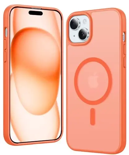 FNTCASE for iPhone 15 Plus Case: Matte Magnetic Phone Cases with Screen Protector Compatible with Magsafe Slim Anti Yellowing Rugged Shockproof Protective Translucent Cell Phone Cover (C-Orange) 