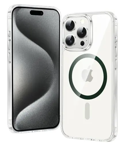 FNTCASE for iPhone 15 Pro Case: Clear Magnetic Phone Cases Compatible with Magsafe Slim Anti Yellowing Military Grade Drop Protection Rugged Protective Transparent Cell Phone Cover (D-Green) 