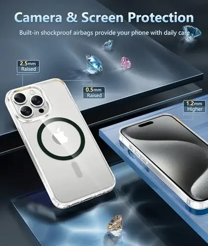 FNTCASE for iPhone 15 Pro Case: Clear Magnetic Phone Cases Compatible with Magsafe Slim Anti Yellowing Military Grade Drop Protection Rugged Protective Transparent Cell Phone Cover (D-Green) - 5