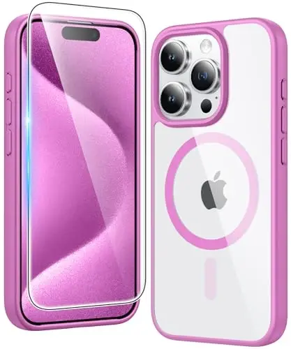 FNTCASE for iPhone 15 Pro Case: Clear Magnetic Phone Cases with Screen Protector Compatible with Magsafe Slim Anti Yellowing Rugged Shockproof Protective Transparent Cell Phone Cover (B-Pink) - FNTCASE