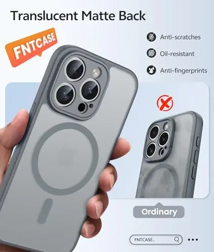 FNTCASE for iPhone 15 Pro Case: [Compatible with Magsafe] Translucent Matte Cases with [Full Camera Protection] [Screen Protector] Military Grade Shockproof Protective Phone Cover - Gray - 1