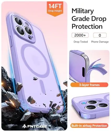 FNTCASE for iPhone 15 Pro Case: [Compatible with Magsafe] Translucent Matte Cases with [Full Camera Protection] [Screen Protector] Military Grade Shockproof Protective Phone Cover - Light Purple 