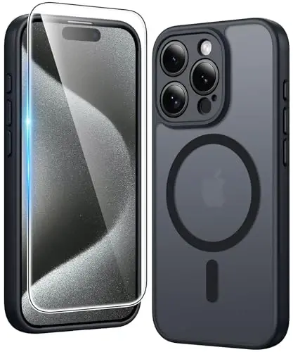 FNTCASE for iPhone 15 Pro Case: Matte Magnetic Phone Cases with Screen Protector Compatible with Magsafe Slim Anti Yellowing Rugged Shockproof Protective Translucent Cell Phone Cover (C-Black) 