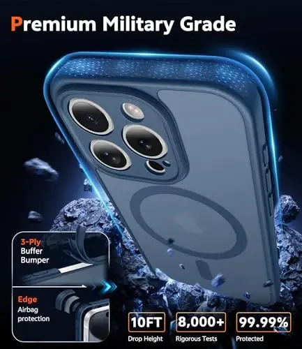 FNTCASE for iPhone 15 Pro Case: Matte Magnetic Phone Cases with Screen Protector Compatible with Magsafe Slim Anti Yellowing Rugged Shockproof Protective Translucent Cell Phone Cover (C-Blue) - 6