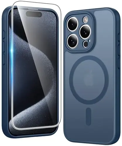 FNTCASE for iPhone 15 Pro Case: Matte Magnetic Phone Cases with Screen Protector Compatible with Magsafe Slim Anti Yellowing Rugged Shockproof Protective Translucent Cell Phone Cover (C-Blue) 