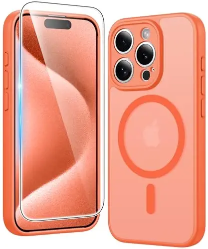 FNTCASE for iPhone 15 Pro Case: Matte Magnetic Phone Cases with Screen Protector Compatible with Magsafe Slim Anti Yellowing Rugged Shockproof Protective Translucent Cell Phone Cover (C-Orange) 