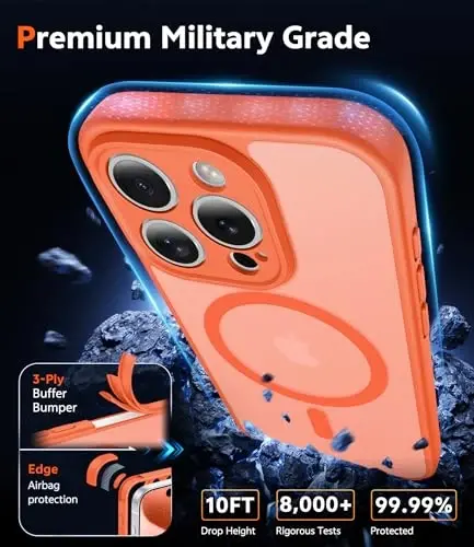 FNTCASE for iPhone 15 Pro Case: Matte Magnetic Phone Cases with Screen Protector Compatible with Magsafe Slim Anti Yellowing Rugged Shockproof Protective Translucent Cell Phone Cover (C-Orange) - 6