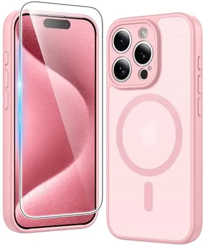 FNTCASE for iPhone 15 Pro Case: Matte Magnetic Phone Cases with Screen Protector Compatible with Magsafe Slim Anti Yellowing Rugged Shockproof Protective Translucent Cell Phone Cover (C-Pink) - FNTCASE