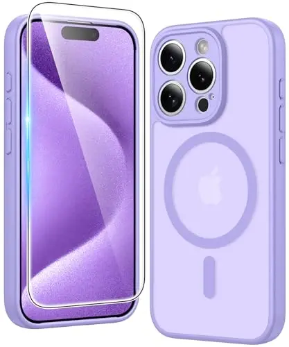 FNTCASE for iPhone 15 Pro Case: Matte Magnetic Phone Cases with Screen Protector Compatible with Magsafe Slim Anti Yellowing Rugged Shockproof Protective Translucent Cell Phone Cover (C-Purple) - FNTCASE