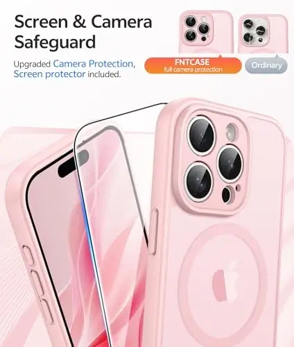 FNTCASE for iPhone 15 Pro Case: Strong Magnetic Phone Case with Screen Protector | Translucent Matte Slim Shockproof Protective Drop Protection Phone Cover(Light Pink) - 4