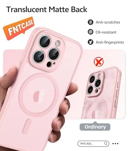 FNTCASE for iPhone 15 Pro Case: Strong Magnetic Phone Case with Screen Protector | Translucent Matte Slim Shockproof Protective Drop Protection Phone Cover(Light Pink) 