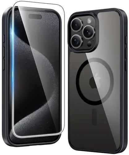 FNTCASE for iPhone 15 Pro G‘ilof: Ekran himoya oynasi bilan jihozlangan, Magsafe bilan mos keluvchi, yupqa, sarg‘aymaydigan, mustahkam, zarbaga chidamli, shaffof telefon g‘ilofi (B-Qora) 