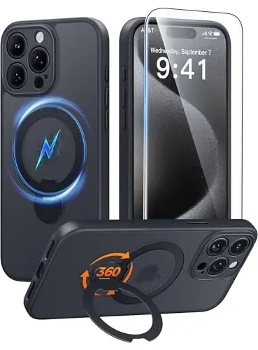 FNTCASE for iPhone 15 Pro-Max Case: [360 Spin Magnetic Stand] [Compatible with Magsafe] [Screen Protector] Translucent Matte Military Grade Shockproof Full Camera Protective Phone Cover - Black - 1