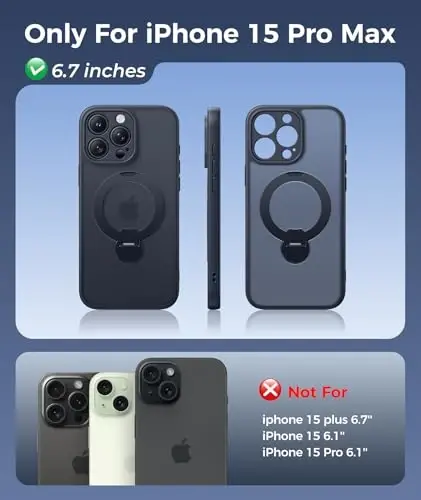 FNTCASE for iPhone 15 Pro-Max Case: [360 Spin Magnetic Stand] [Compatible with Magsafe] [Screen Protector] Translucent Matte Military Grade Shockproof Full Camera Protective Phone Cover - Black - 2