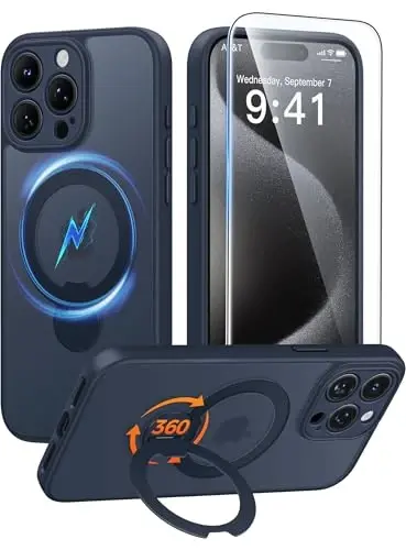 FNTCASE for iPhone 15 Pro-Max Case: [360 Spin Magnetic Stand] [Compatible with Magsafe] [Screen Protector] Translucent Matte Military Grade Shockproof Full Camera Protective Phone Cover - Deep Blue - 1