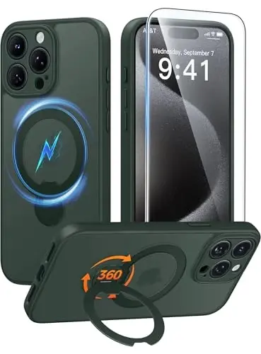FNTCASE for iPhone 15 Pro-Max Case: [360 Spin Magnetic Stand] [Compatible with Magsafe] [Screen Protector] Translucent Matte Military Grade Shockproof Full Camera Protective Phone Cover - Green - FNTCASE