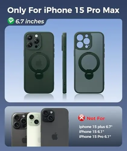 FNTCASE for iPhone 15 Pro-Max Case: [360 Spin Magnetic Stand] [Compatible with Magsafe] [Screen Protector] Translucent Matte Military Grade Shockproof Full Camera Protective Phone Cover - Green - FNTCASE (1)