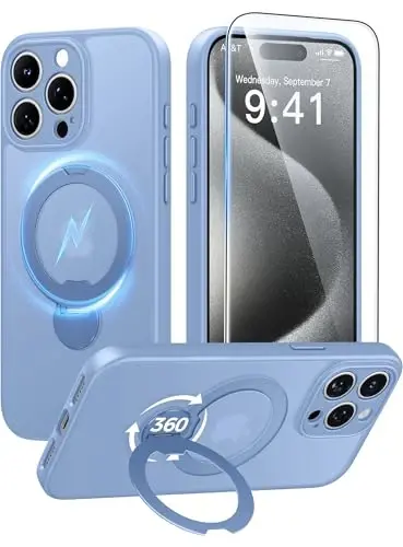FNTCASE for iPhone 15 Pro-Max Case: [360 Spin Magnetic Stand] [Compatible with Magsafe] [Screen Protector] Translucent Matte Military Grade Shockproof Full Camera Protective Phone Cover - Light Blue - 1