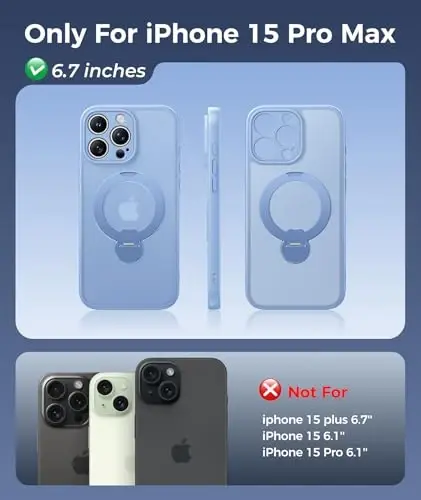 FNTCASE for iPhone 15 Pro-Max Case: [360 Spin Magnetic Stand] [Compatible with Magsafe] [Screen Protector] Translucent Matte Military Grade Shockproof Full Camera Protective Phone Cover - Light Blue - FNTCASE (1)