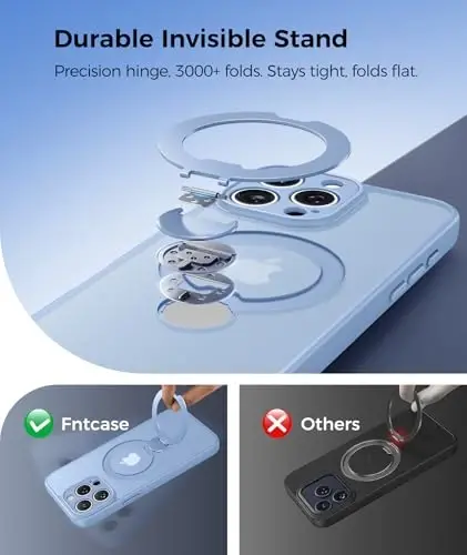 FNTCASE for iPhone 15 Pro-Max Case: [360 Spin Magnetic Stand] [Compatible with Magsafe] [Screen Protector] Translucent Matte Military Grade Shockproof Full Camera Protective Phone Cover - Light Blue - 3