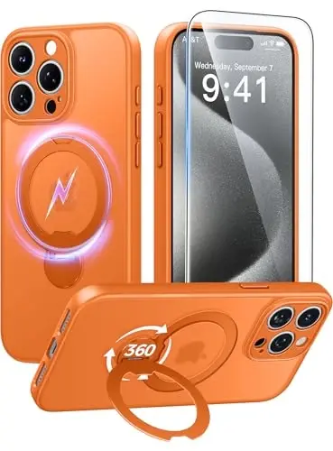 FNTCASE for iPhone 15 Pro-Max Case: [360 Spin Magnetic Stand] [Compatible with Magsafe] [Screen Protector] Translucent Matte Military Grade Shockproof Full Camera Protective Phone Cover - Orange - 1