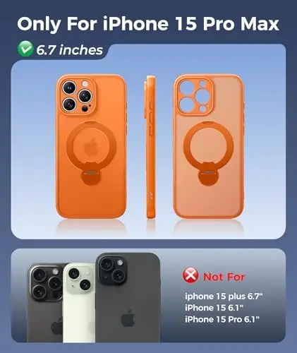 FNTCASE for iPhone 15 Pro-Max Case: [360 Spin Magnetic Stand] [Compatible with Magsafe] [Screen Protector] Translucent Matte Military Grade Shockproof Full Camera Protective Phone Cover - Orange - FNTCASE (1)