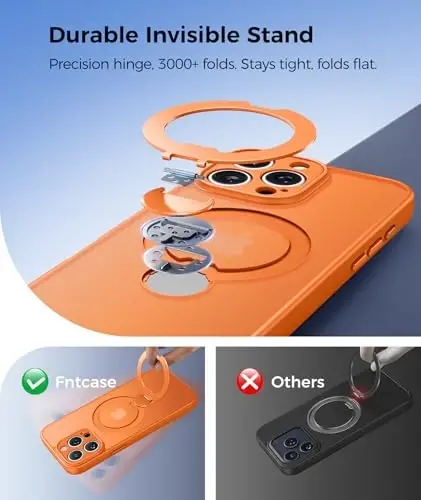 FNTCASE for iPhone 15 Pro-Max Case: [360 Spin Magnetic Stand] [Compatible with Magsafe] [Screen Protector] Translucent Matte Military Grade Shockproof Full Camera Protective Phone Cover - Orange - 3
