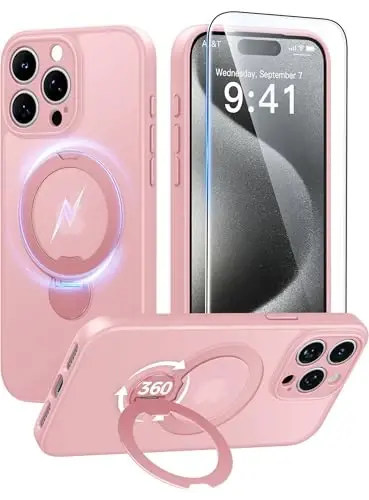 FNTCASE for iPhone 15 Pro-Max Case: [360 Spin Magnetic Stand] [Compatible with Magsafe] [Screen Protector] Translucent Matte Military Grade Shockproof Full Camera Protective Phone Cover - Pink 