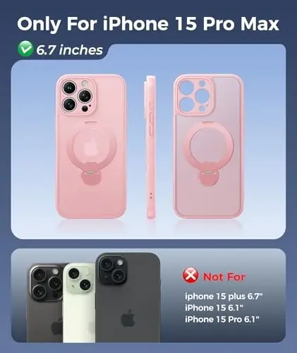 FNTCASE for iPhone 15 Pro-Max Case: [360 Spin Magnetic Stand] [Compatible with Magsafe] [Screen Protector] Translucent Matte Military Grade Shockproof Full Camera Protective Phone Cover - Pink - 2