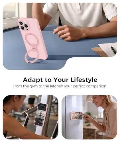FNTCASE for iPhone 15 Pro-Max Case: [360 Spin Magnetic Stand] [Compatible with Magsafe] [Screen Protector] Translucent Matte Military Grade Shockproof Full Camera Protective Phone Cover - Pink - 4