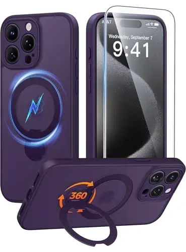 FNTCASE for iPhone 15 Pro-Max Case: [360 Spin Magnetic Stand] [Compatible with Magsafe] [Screen Protector] Translucent Matte Military Grade Shockproof Full Camera Protective Phone Cover - Purple 