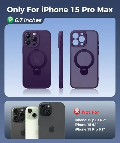 FNTCASE for iPhone 15 Pro-Max Case: [360 Spin Magnetic Stand] [Compatible with Magsafe] [Screen Protector] Translucent Matte Military Grade Shockproof Full Camera Protective Phone Cover - Purple - 2