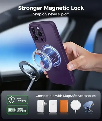 FNTCASE for iPhone 15 Pro-Max Case: [360 Spin Magnetic Stand] [Compatible with Magsafe] [Screen Protector] Translucent Matte Military Grade Shockproof Full Camera Protective Phone Cover - Purple - 5
